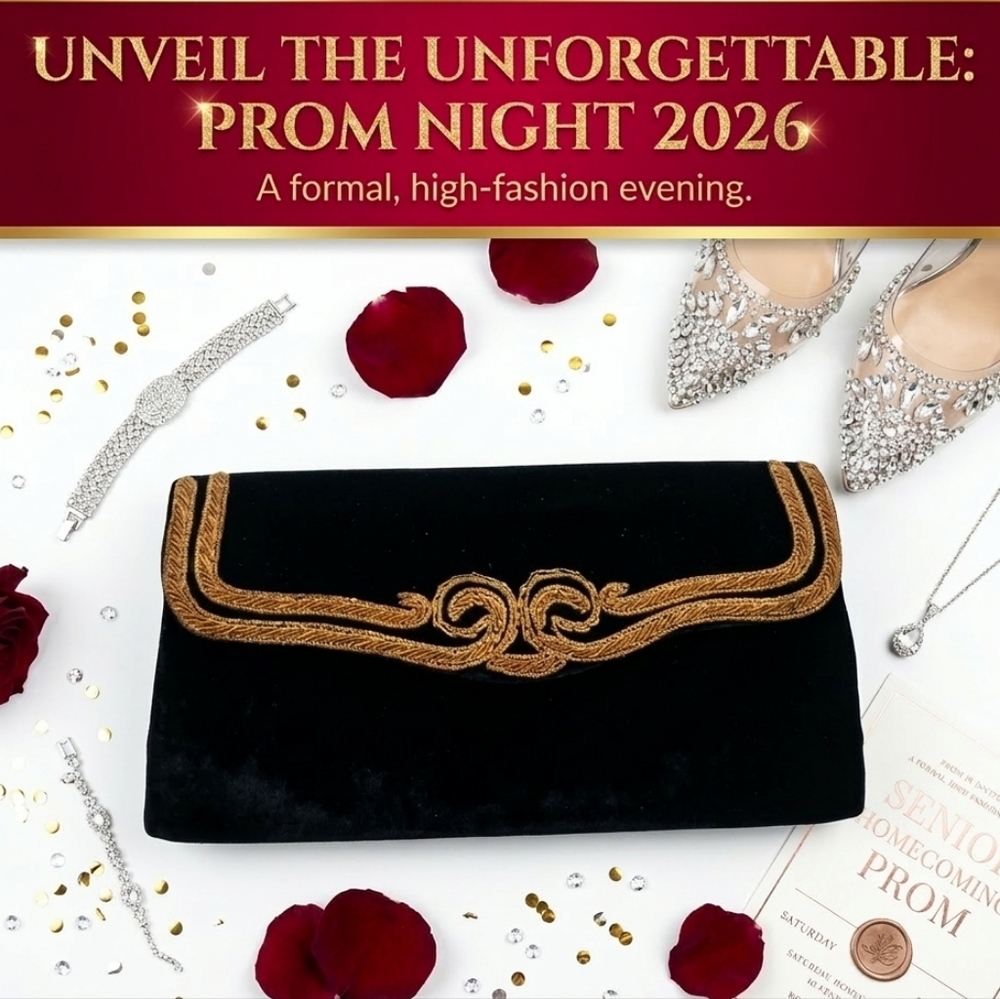 Kane-M Black Women's Velour Formal Evening Clutch Bag Embroidery